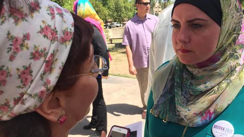 Deedra Abboud, right, campaigns for next year's Democratic primary for the US Senate from Arizona.