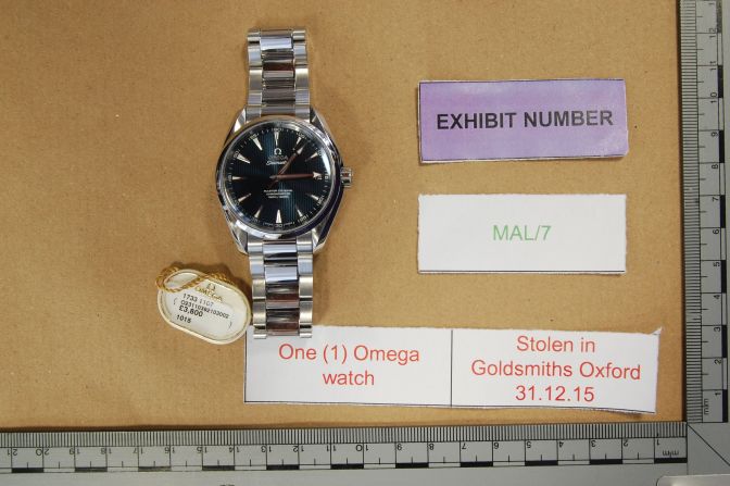 This Omega watch, valued at £3,800 ($4,952), was stolen in Oxford, England on Dec. 31, 2015. It was seized from Malick on the day of his arrest. 