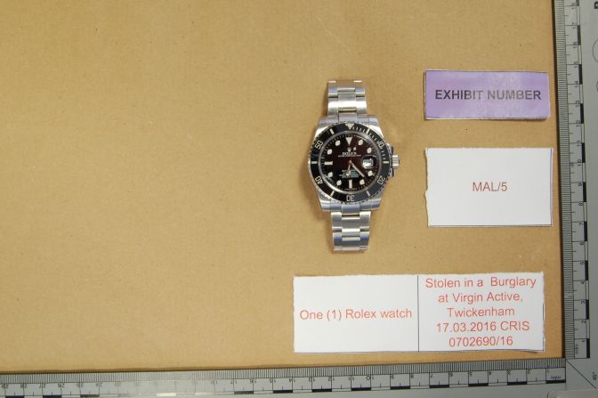 Malick had 27 other watches on him at the time, including this Rolex Submariner Watch, valued at £5,300, ($6,905), that was stolen from a London gym. In June 2017, he was sentenced to 18 months' imprisonment. 