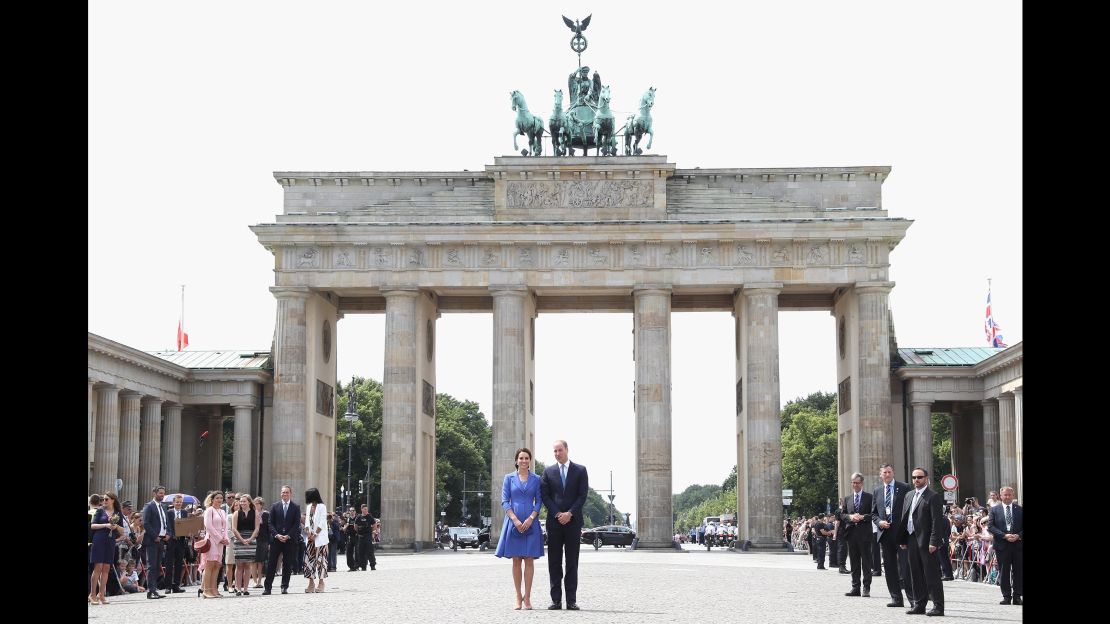 Prince William, Duke of Cambridge, and Catherine, Duchess of Cambridge, visit Berlin's Brandenburg Gate during their official visit to Poland and Germany.