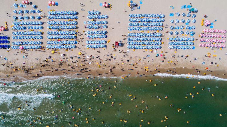 <strong>Busan, South Korea:</strong> An aerial shot of Haeundae Beach on a busy July day in 2017. Forty minutes from downtown Busan, it's one of South Korea's most popular beaches. 