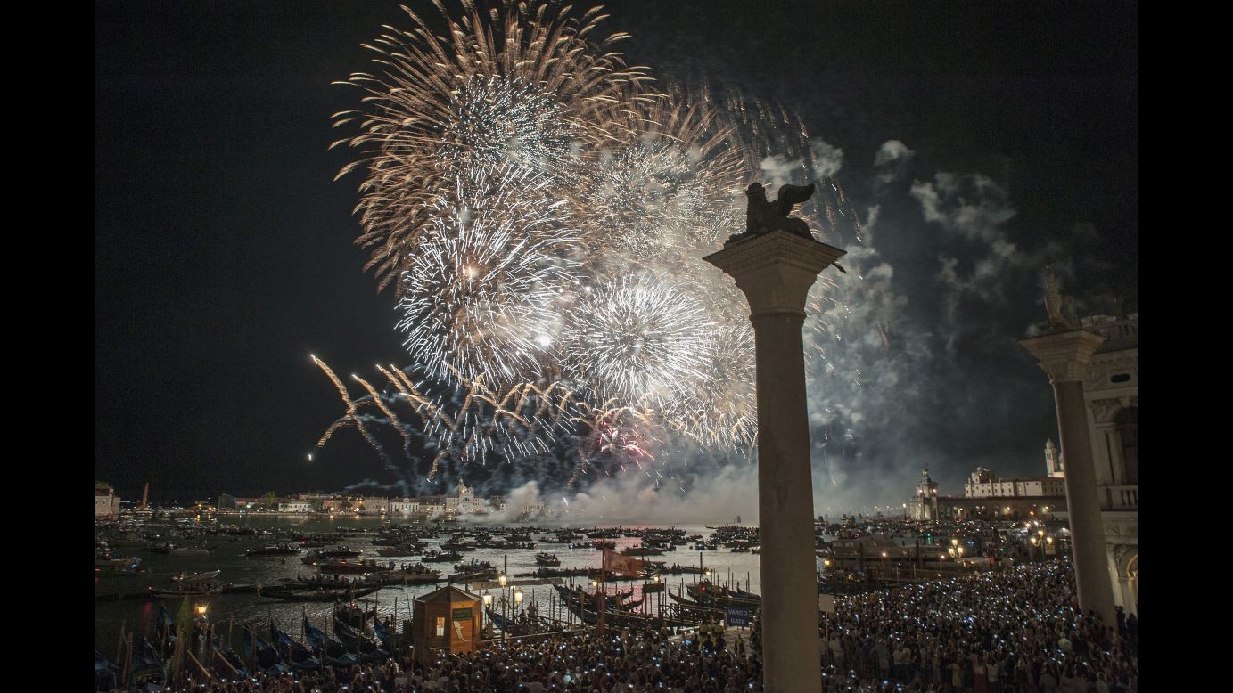 <strong>Venice, Italy: </strong>Fireworks explode over St Mark's Basin during celebrations to mark Redentore, an annual July thanksgiving in remembrance of the end of Venice's bubonic plague epidemic of 1575 to 1577. 