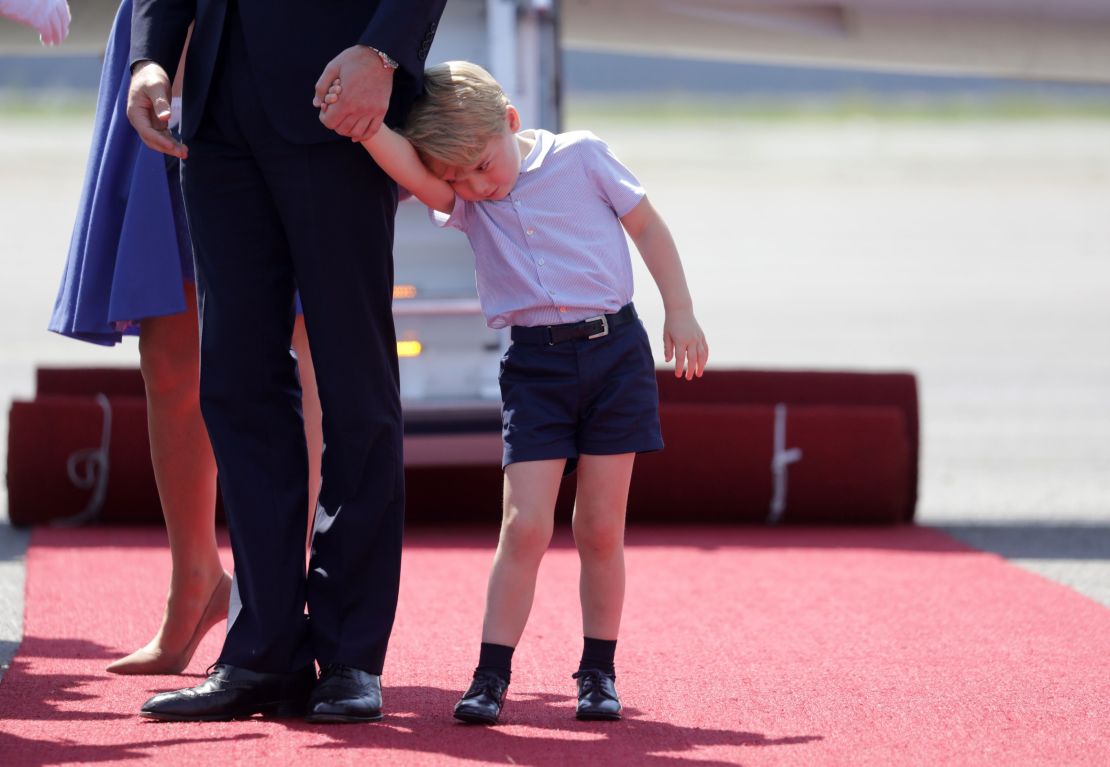 Prince George, who turns four this weekend, seemed a little shy as he was greeted.
