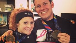 Samantha Golkin-Nigliazzo and her husband David Nigliazzo after running the New York City marathon in November 2014. They ran to raise money for breast cancer research via the nonprofit The Pink Agenda.