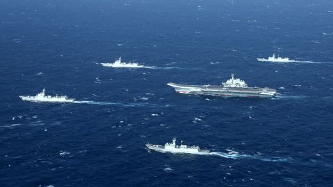 An aerial photo of China's aircraft carrier group during military drills in the South China Sea, 2017..