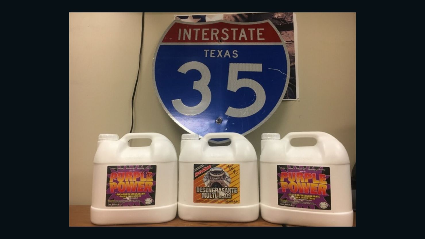 Emma, the Austin Police department's narcotics K-9 led officers to these three large liquid degreaser jugs hidden inside a 2013 Dodge Avenger, which contained the stash of liquid crystal meth, with an estimated street value of $2 million. 