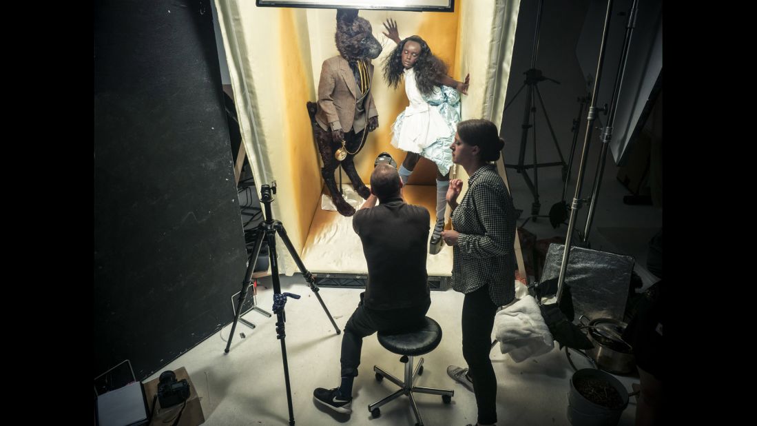 Setting up a shot with the Mad March Hare and Alice portrayed by Sasha Lane and Duckie Thot. 