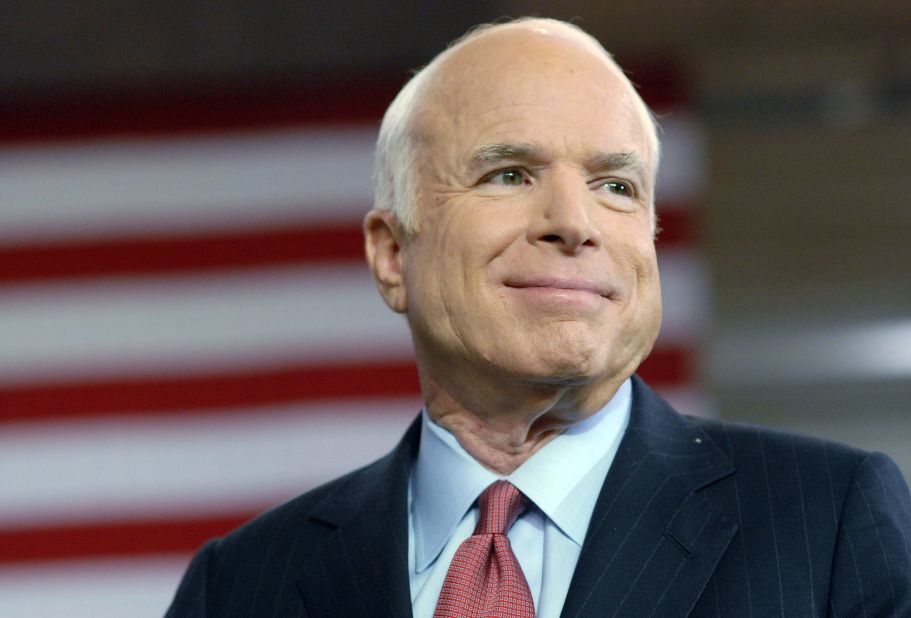 US Sen. John McCain speaks at a town-hall meeting while campaigning for the presidency in 2008. He was the Republican Party's nominee for that year's election, which he lost to Barack Obama. 