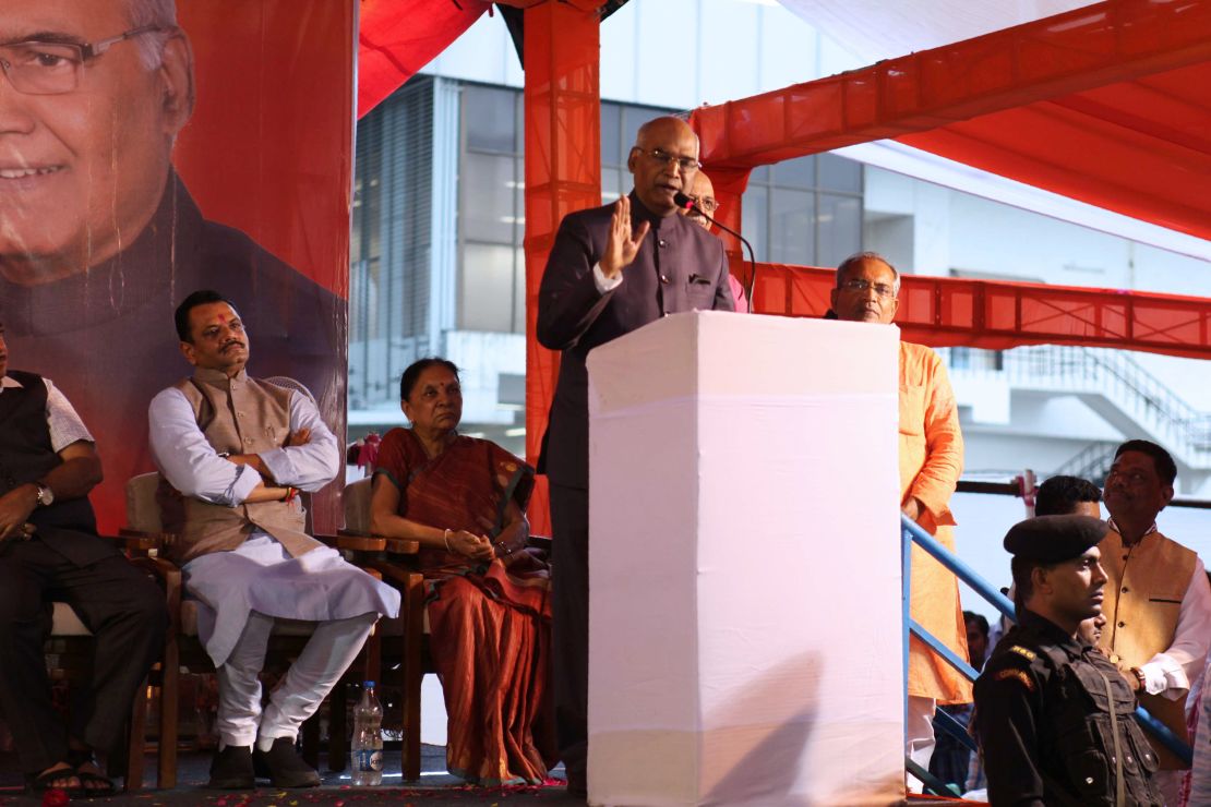 Ram Nath Kovind delivers a speech in presence of Gujarat Bhartiya Janta Party (BJP) members in Gandhinagar, on July 15, 2017.