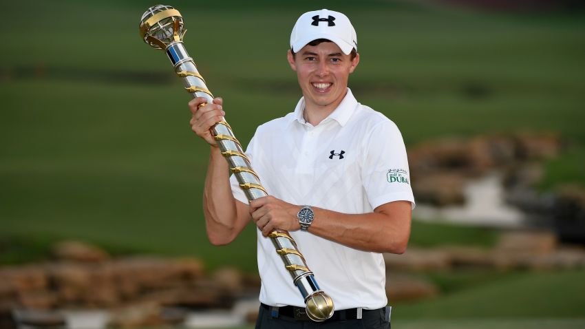 DUBAI, UNITED ARAB EMIRATES - NOVEMBER 20: Matthew Fitzpatrick of England with the DP World Tour Championship Trophy after the final round of the DP World Tour Championship at Jumeirah Golf Estates on November 20, 2016 in Dubai, United Arab Emirates. (Photo by Ross Kinnaird/Getty Images)