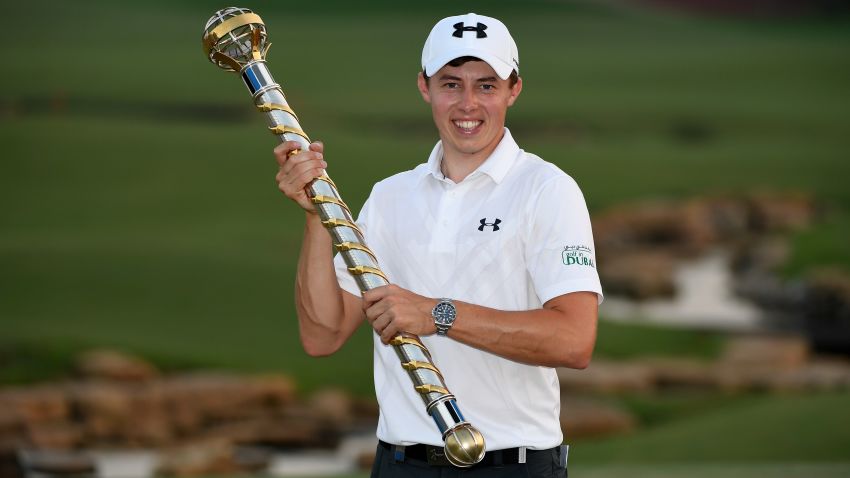 DUBAI, UAE - NOVEMBER 20: Matthew Fitzpatrick of England with the DP World Tour Championship trophy after the final round of the DP World Tour Championship at Jumeirah Golf Estates on November 20, 2016 in Dubai, United Arab Emirates.  (Photo by Ross Kinnard/Getty Images)