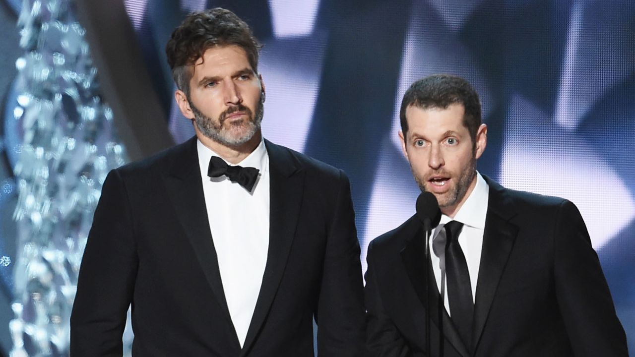 LOS ANGELES, CA - SEPTEMBER 18:  Writer/producers David Benioff (L) and D.B. Weiss accept Outstanding Writing for a Drama Series for 'Game of Thrones' episode 'Battle of the Bastards' onstage during the 68th Annual Primetime Emmy Awards at Microsoft Theater on September 18, 2016 in Los Angeles, California.  (Photo by Kevin Winter/Getty Images)