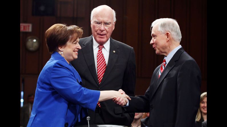 Obama Supreme Court nominee Elena Kagan greets Sessions in 2010 while Senate Judiciary Committee Chairman Sen. Patrick Leahy, D-Vermont, looks on. Sessions voted against Kagan's nomination.