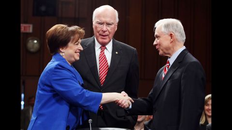 Obama Supreme Court nominee Elena Kagan greets Sessions in 2010 while Senate Judiciary Committee Chairman Sen. Patrick Leahy, D-Vermont, looks on. Sessions voted against Kagan's nomination.