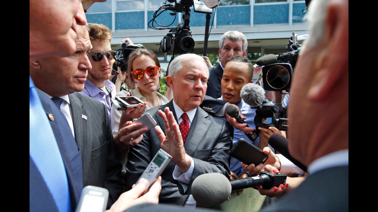 In July 2016, Sessions talks with reporters after a meeting with then-presidential candidate Trump and the Senate Republican Conference at the National Republican Senatorial Committee headquarters in Washington. Sessions was one of several Republicans being talked about as Trump's vice presidential running mate.
