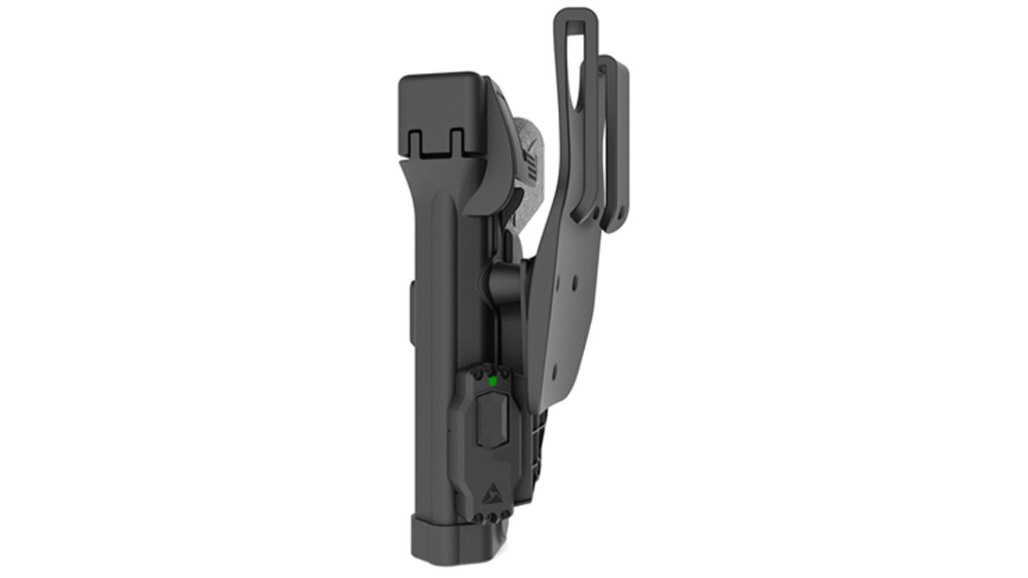 The cameras are activated by a sensor, seen here with a green light as it might look mounted to a gun holster.