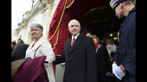 Sessions, then attorney general-designate, and his wife, Mary Blackshear Sessions, arrive for Trump's January 20, 2017, presidential inauguration.