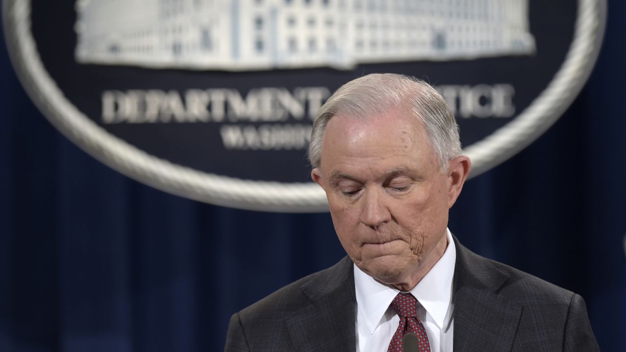 On March 2, 2017, Sessions pauses during a news conference at the Justice Department where he said he would recuse himself from a federal investigation into Russian interference in the 2016 presidential election. On July 19, Trump told The New York Times he wished Sessions hadn't made the recusal.