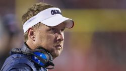Head Coach Hugh Freeze of the Mississippi Rebels on the sidelines during a game against the Arkansas Razorbacks at Razorback Stadium on October 15, 2016 in Fayetteville, Arkansas.