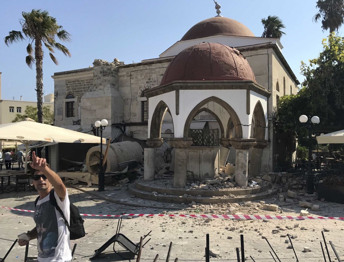 On Friday morning, emergency crews were already working ot assess the damage to historical and religious structures, like this mosque, on Kos. 