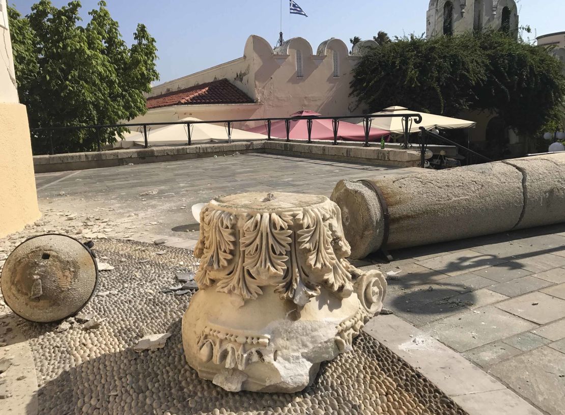 A toppled column is seen in the harbor area on the island of Kos.