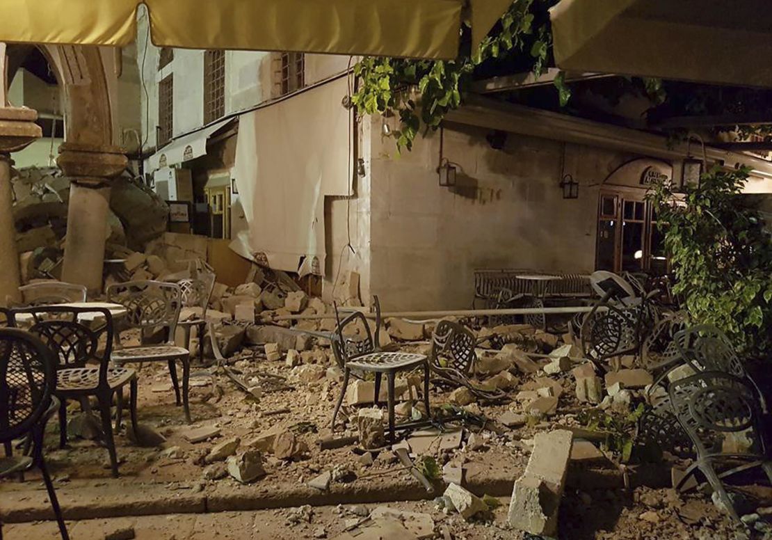 A Kos cafe is littered with rubble following the strong earthquake.