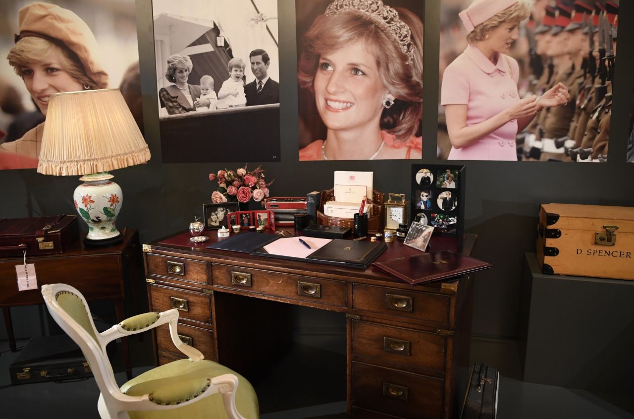 The desk used by Princess Diana in Kensington Palace is the centerpiece of the Buckingham Palace display.