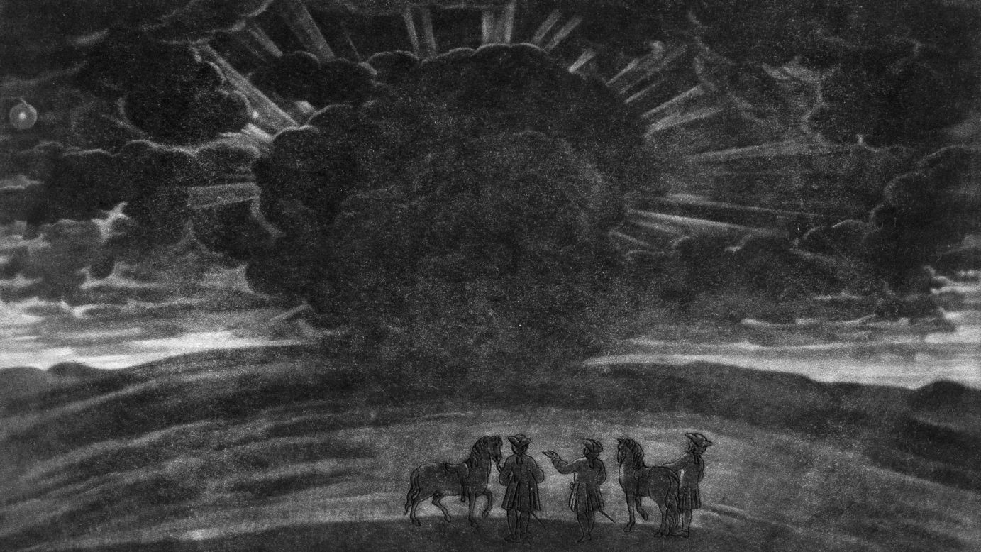 In 1724, a group of riders dismount to observe a total solar eclipse on Haradon Hill near Salisbury, England. Notice the cloudy and threatening sky.