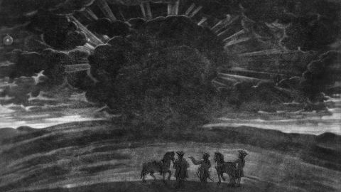 In 1724, a group of riders dismount to observe a total solar eclipse on Haradon Hill near Salisbury, England. Notice the cloudy and threatening sky.