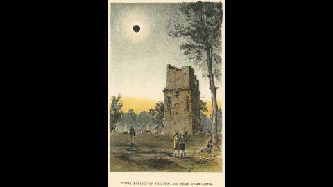 This chromolithograph depicts people watching the total solar eclipse in Tarragona, Spain, in 1860.