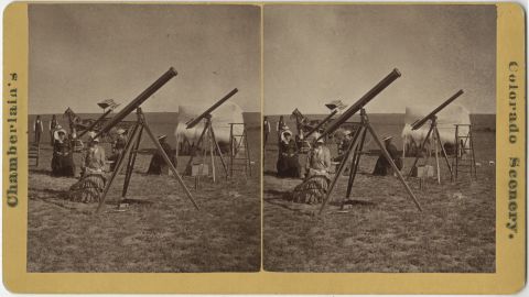 Astronomers Maria Mitchell, left, Cora Harrison, center, and Maria's sister Phebe traveled to Denver to watch the total solar eclipse of 1878. Their telescopes are pointing toward the center of the solar system. The "eclipse party" from Vassar College was featured in newspapers, and Maria Mitchell was highly regarded in her day as a pioneering female scientist.