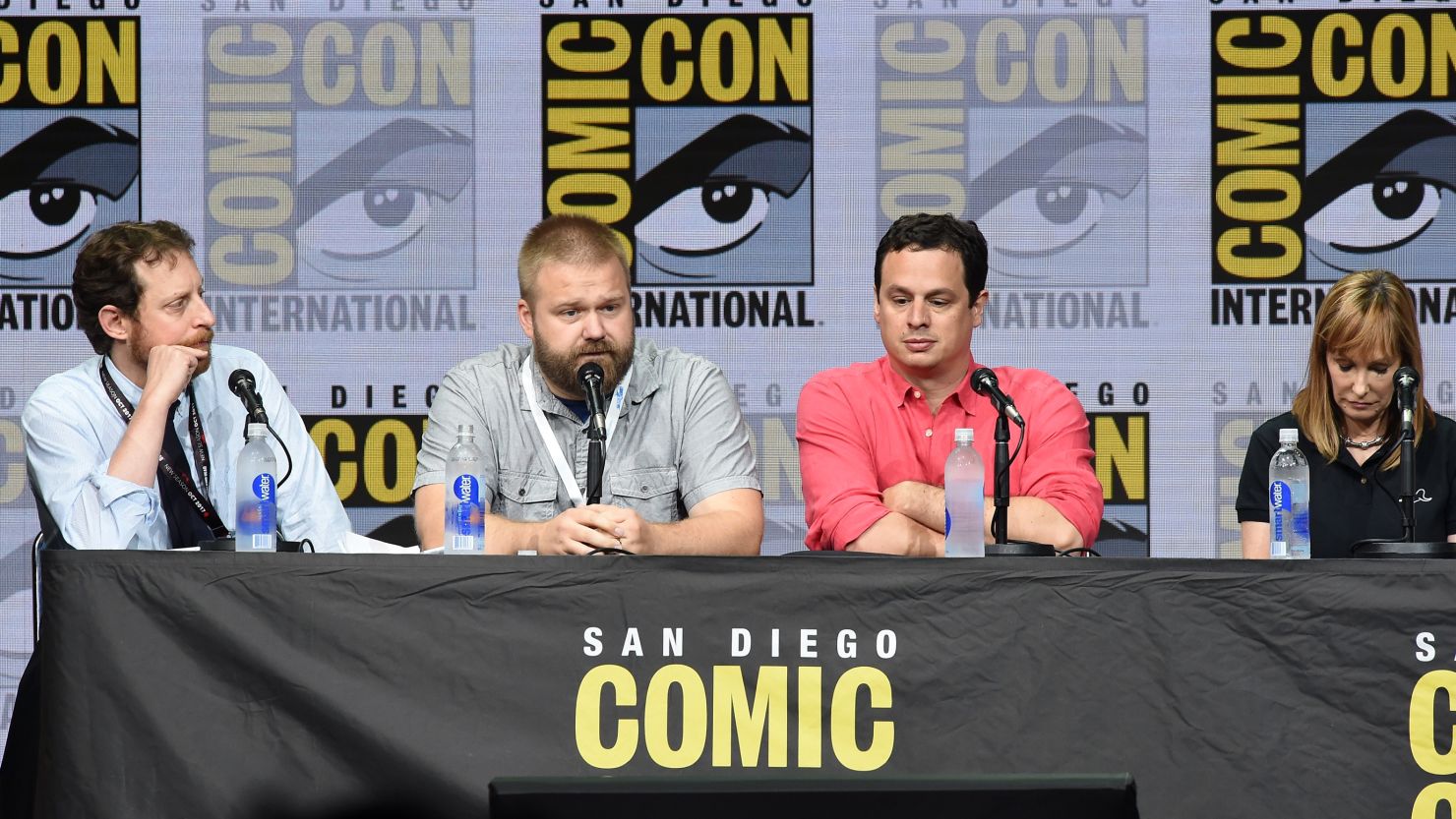Producers Scott M. Gimple, Robert Kirkman, David Alpert, and Gale Anne Hurd speak onstage speaks onstage at the "The Walking Dead" panel during Comic-Con International 2017 at San Diego Convention Center on July 21, 2017 in San Diego, California. 