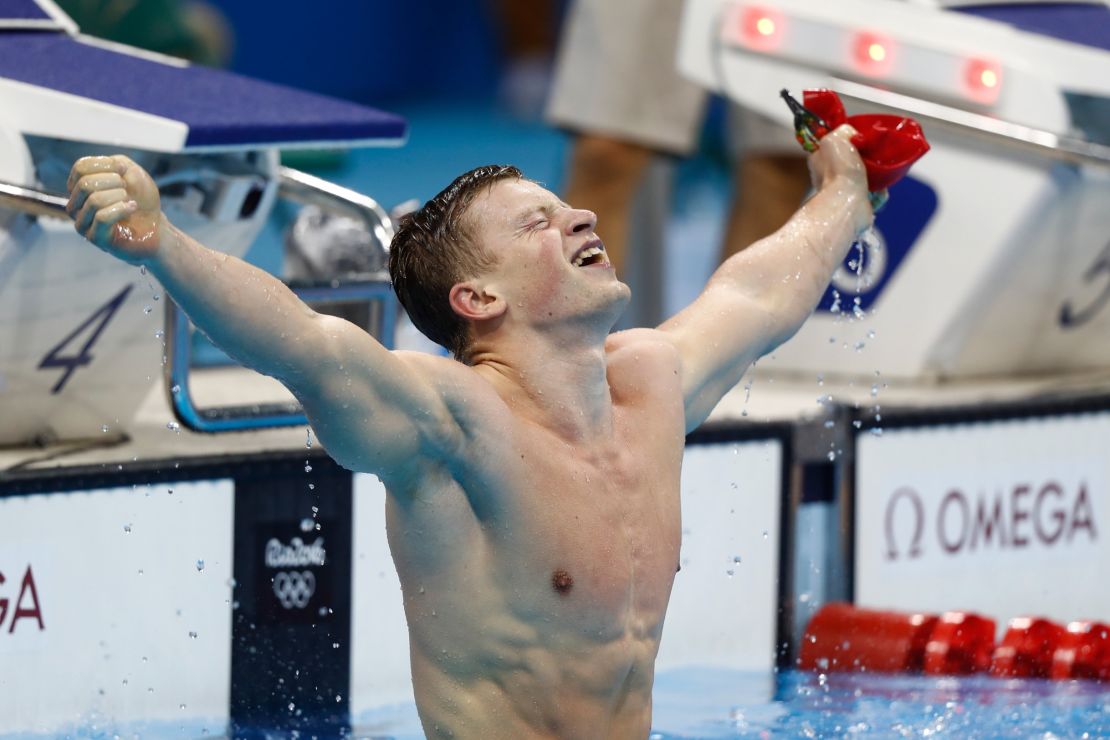 Peaty celebrates winning gold and setting a new world record in the men's 100m breaststroke at Rio 2016