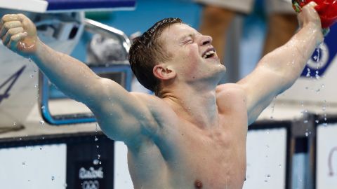 Peaty celebrates winning gold and setting a new world record in the men's 100m breaststroke at Rio 2016
