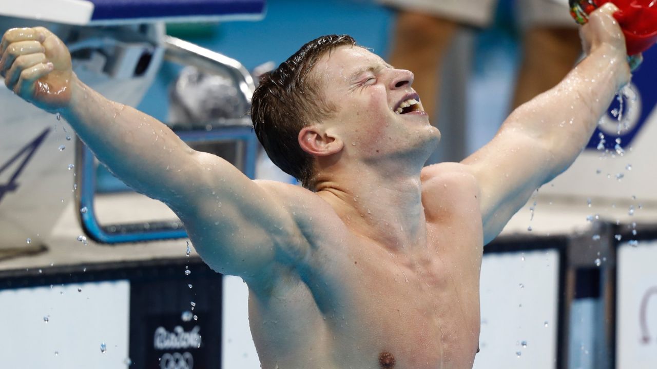 Peaty celebrates winning gold and setting a new world record in the men's 100m breaststroke at Rio 2016.