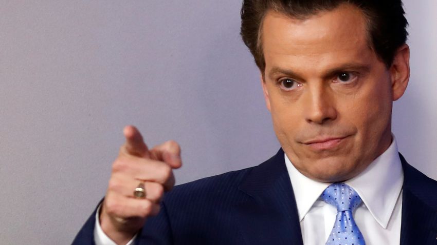 Anthony Scaramucci, incoming White House communications director, points as he arrives during a press briefing at the White House, Friday, July 21, 2017, in Washington. (AP Photo/Alex Brandon)