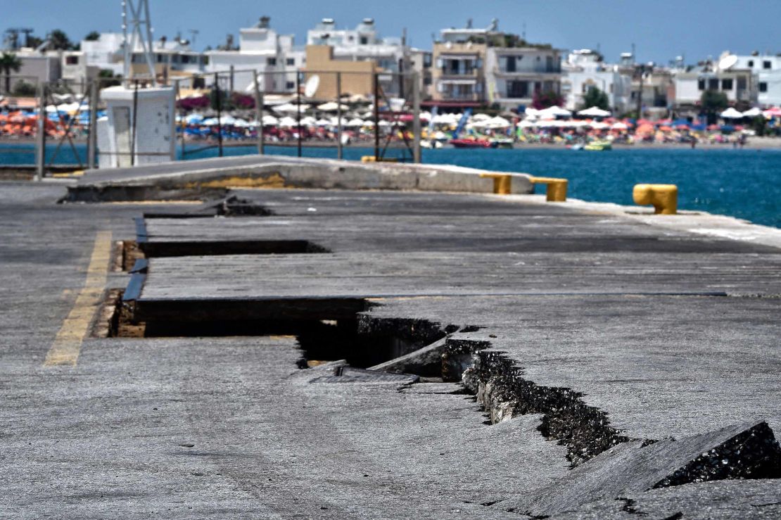 Cracks are seen at the main port on the island of Kos on Friday following the 6.7-magnitude earthquake.