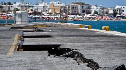 Cracks are seen at the main port on the island of Kos on Friday following the 6.7-magnitude earthquake.