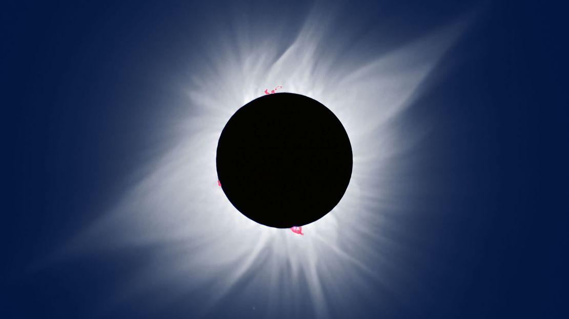 Multiple exposure composite of solar corona and prominences, during the total solar eclipse on July 11, 1991, in San Jose del Cabo, Mexico.