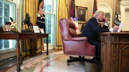 U.S. President Donald Trump speaks on the phone with Irish Prime Minister Leo Varadkar on the phone in the Oval Office of the White House June 27, 2017 in Washington, DC. President Trump congratulated Prime Minister Varadkar to become the new leader of Ireland.  