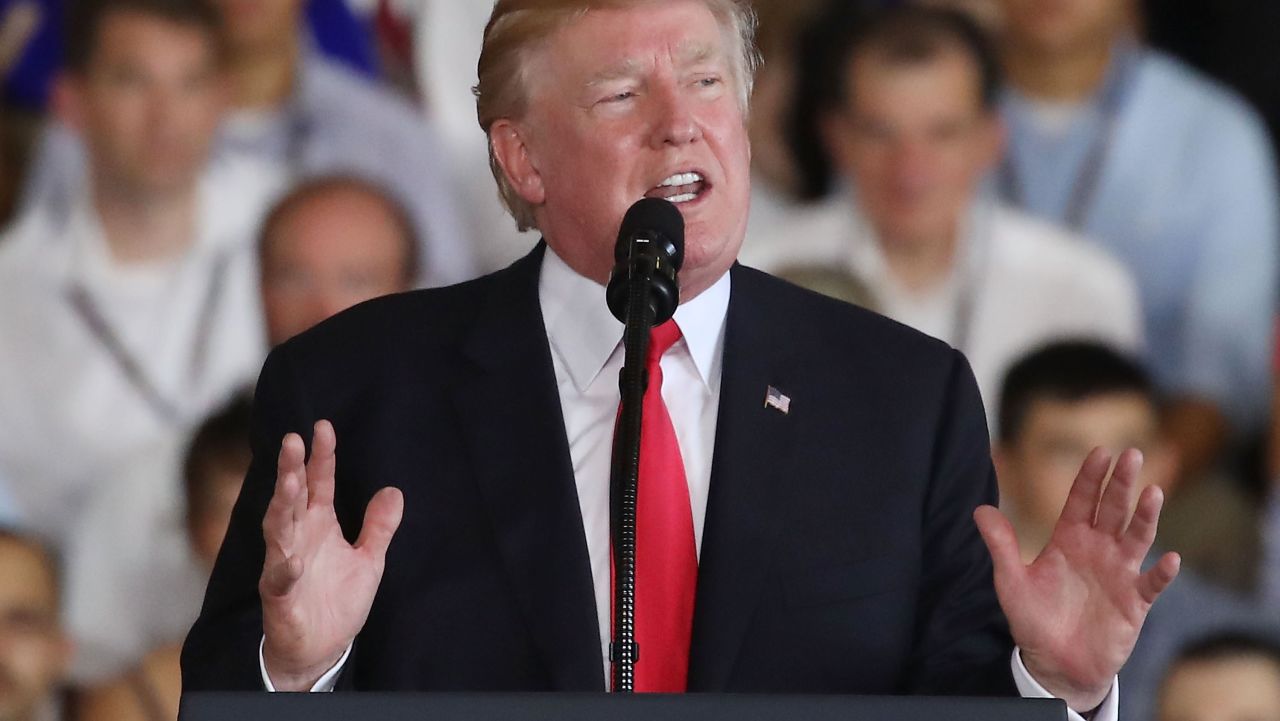 U.S. President Donald Trump speaks during the commissioning of the USS Gerald R. Ford CVN 78, on July 22, 2017 in Norfolk, Virginia. The keel of the USS Ford was laid in 2009 and is projected to be deployed in the year 2020, powered by two Nuclear reactors and is 1,092 feet long with a 134 foot beam and can carry over 75 aircraft.