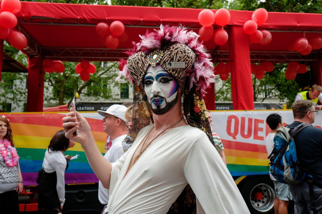 A Sister of Perpetual Indulgence strikes a pose during the annual gay pride parade in Berlin.