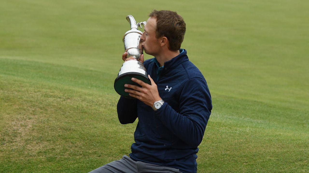 Jordan Spieth kisses the Claret Jug after clinching the 146th Open Championship on a dramatic final day at Royal Birkdale.