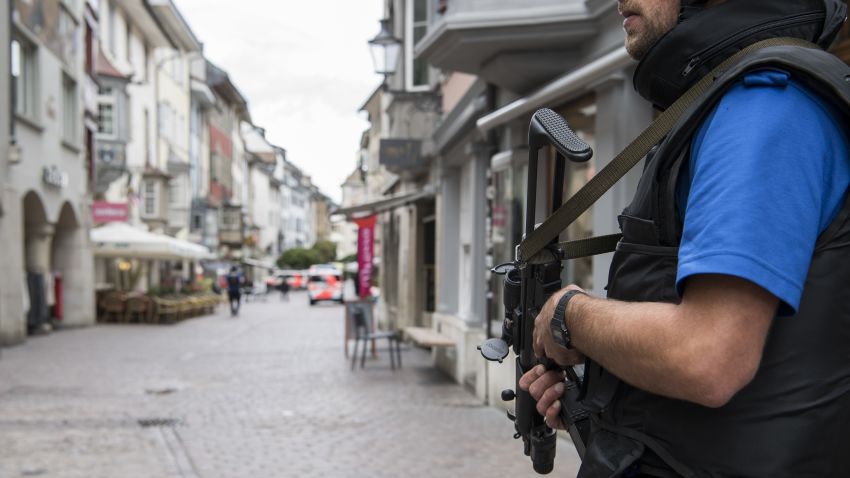 The police shut down the old town of Schaffhausen in Switzerland, while they search for an unknown man who attacked people, on Monday, July 24, 2017. Swiss police say five people have been hospitalized, two of them with serious injuries, following the apparent attack in the northern city of Schaffhausen.