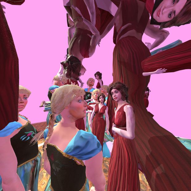 Khora Contemporary produced this virtual reality work by Paul McCarthy. The characters in the work circle the luridly coloured room, taunting each other and the viewer. 