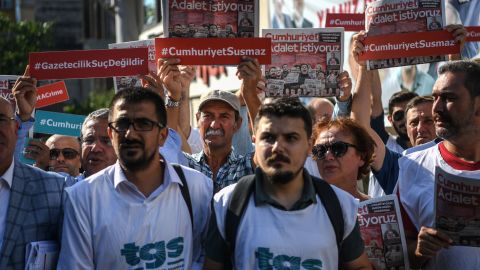 Reporters demonstrating as the trial of journalists from one of Turkey's opposition publications began Monday