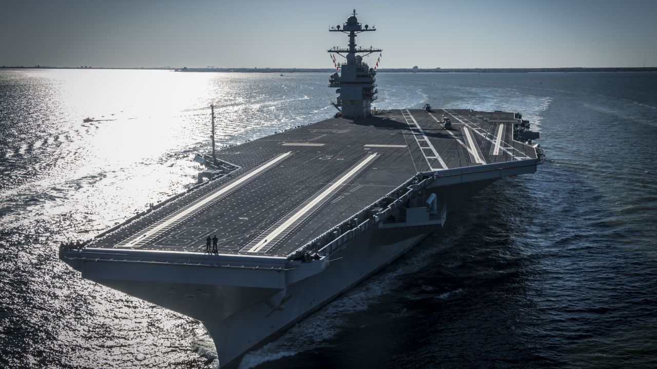 The future USS Gerald R. Ford (CVN 78) is seen underway on its own power for the first time on April 8, 2017 in Newport News, Virginia.