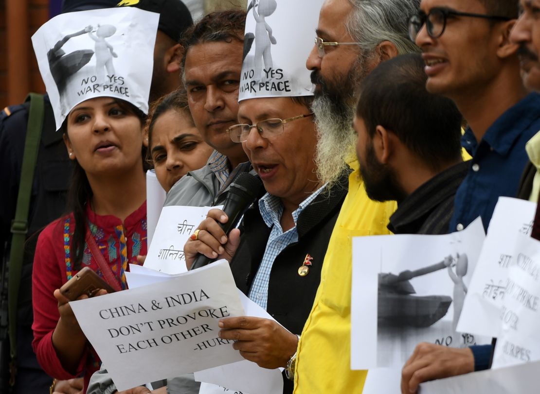 Protesters call for a deescalation of tensions between China and India outside the Chinese Embassy in Kathmandu, Nepal on July 11, 2017.