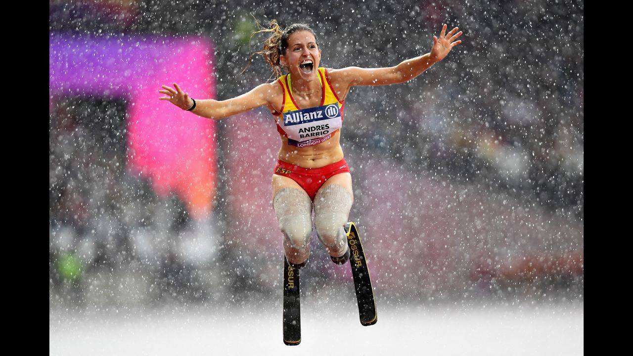 Spanish sprinter Sara Andres Barrio celebrates after a race at the World Para Athletics Championships on Sunday, July 23. She won bronze in the T44 200 meters.