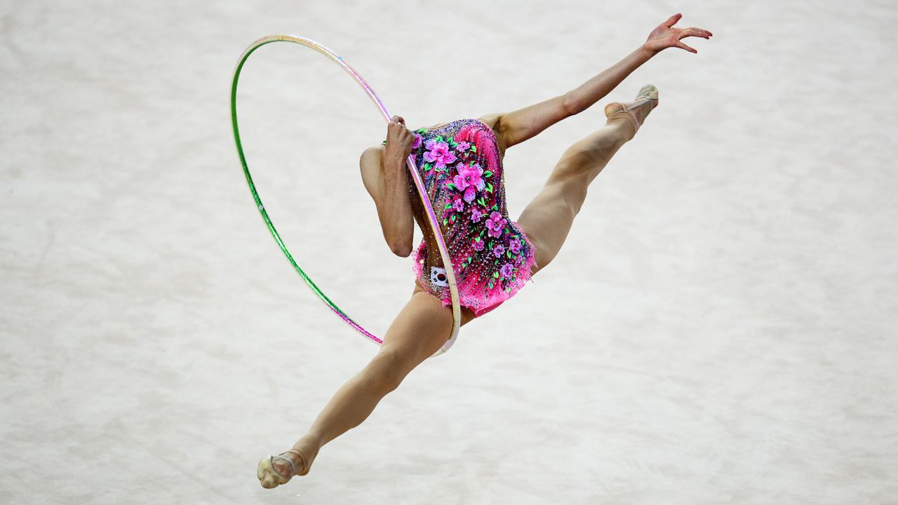 Chaewoon Kim, a rhythmic gymnast from South Korea, competes at the World Games in Wroclaw, Poland, on Friday, July 21.